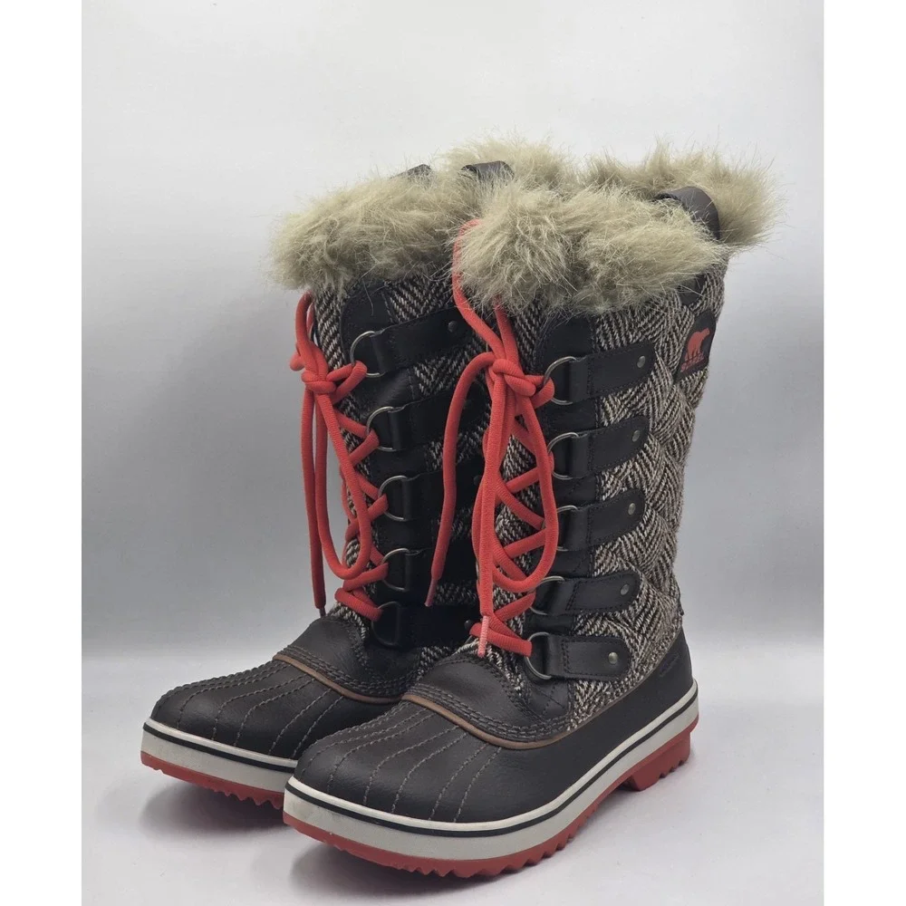 Sorel Tofino II Brown Orange Quilted Snow Boots Womens 7 Waterproof Faux Fur
